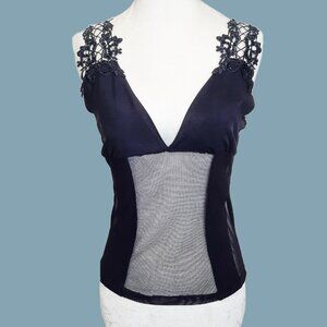 Vintage 90s Y2K Black Sheer Mesh Camisole Lingerie Top M V Neck Lace Straps Goth